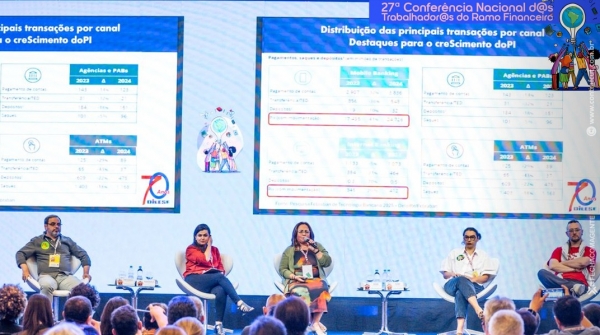 A economista Rosângela Vieira: &quot;A tarefa é lutar para que os empregos bancários sejam preservados, para que os direitos não sejam destruídos e para que a sociedade não pague a conta da precarização”. Foto cedida pela Contraf-CUT.